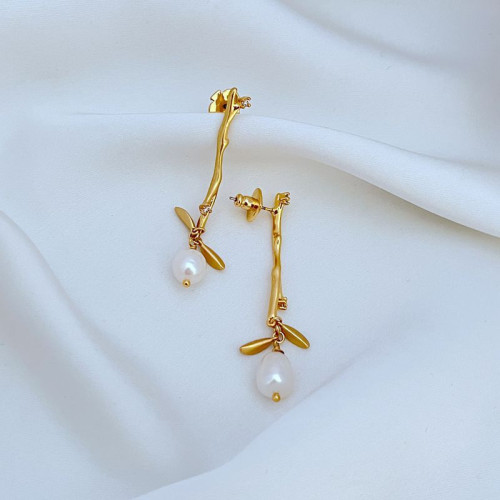 簡約鍍18K金啞光樹枝耳墜天然淡水珍珠耳釘KS925銀針歐美飾品