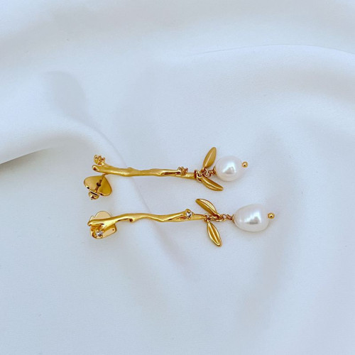 簡約鍍18K金啞光樹枝耳墜天然淡水珍珠耳釘KS925銀針歐美飾品