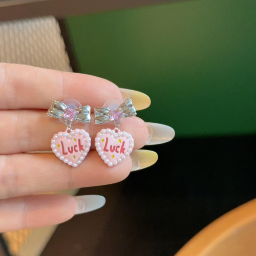 幸運字母粉色愛心超閃鋯石蝴蝶結耳環 名媛範925銀針耳飾甜心珍珠