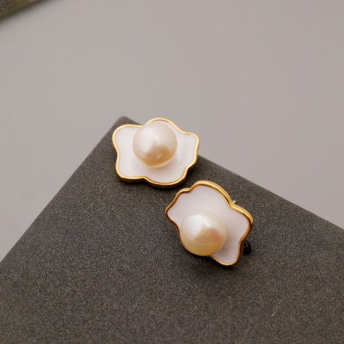 日韓時尚個性925銀針荷包蛋手繪琺瑯淡水珍珠耳釘高級感耳飾氣質