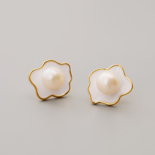 日韓時尚個性925銀針荷包蛋手繪琺瑯淡水珍珠耳釘高級感耳飾氣質