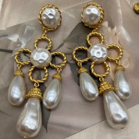 中古vintage西洋電鍍真金掃肩款珍珠四葉草花朵編織925銀針耳釘