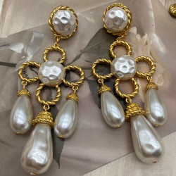 中古vintage西洋電鍍真金掃肩款珍珠四葉草花朵編織925銀針耳釘