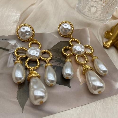 中古vintage西洋電鍍真金掃肩款珍珠四葉草花朵編織925銀針耳釘