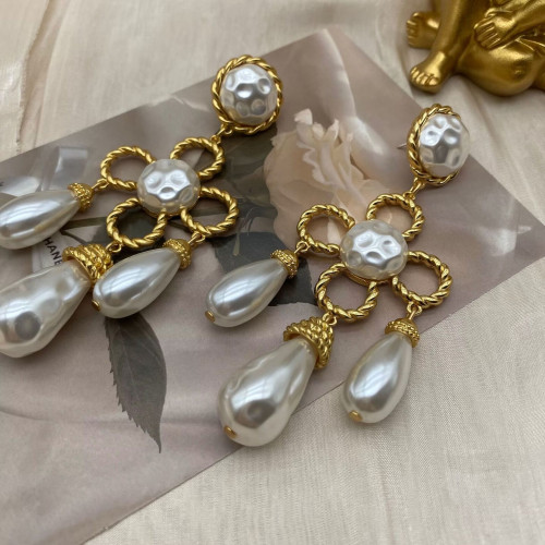 中古vintage西洋電鍍真金掃肩款珍珠四葉草花朵編織925銀針耳釘