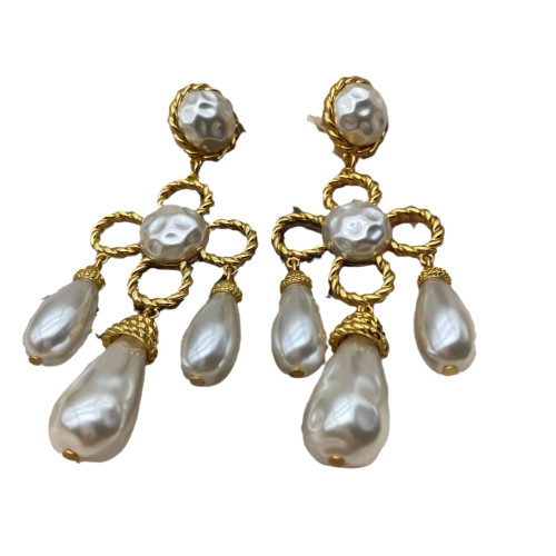 中古vintage西洋電鍍真金掃肩款珍珠四葉草花朵編織925銀針耳釘