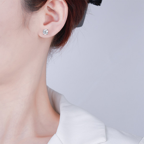 925銀莫桑石耳飾 四爪螺絲耳釘 50分1克拉 2克拉時尚簡約耳飾