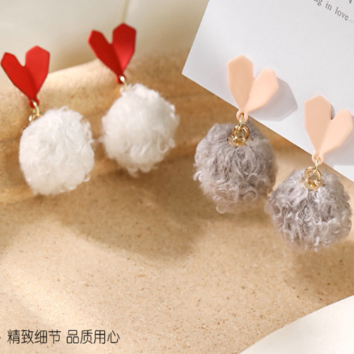 925純銀愛心毛球耳釘可愛秋冬毛絨耳環簡約耳墜耳飾品女
