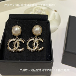 925純香奶奶小香雙C字母新款黑白拼鑽吊墜珍珠耳釘耳環女