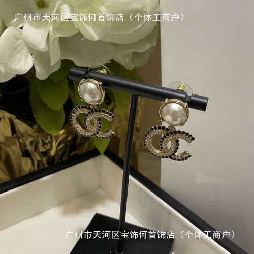 925純香奶奶小香雙C字母新款黑白拼鑽吊墜珍珠耳釘耳環女