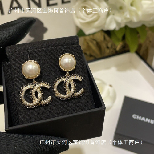 925純香奶奶小香雙C字母新款黑白拼鑽吊墜珍珠耳釘耳環女