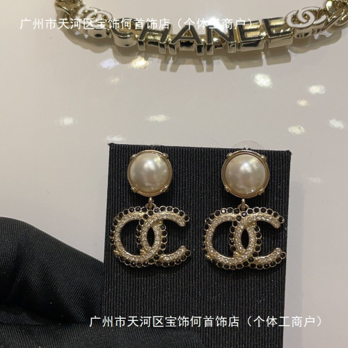 925純香奶奶小香雙C字母新款黑白拼鑽吊墜珍珠耳釘耳環女