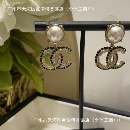 925純香奶奶小香雙C字母新款黑白拼鑽吊墜珍珠耳釘耳環女