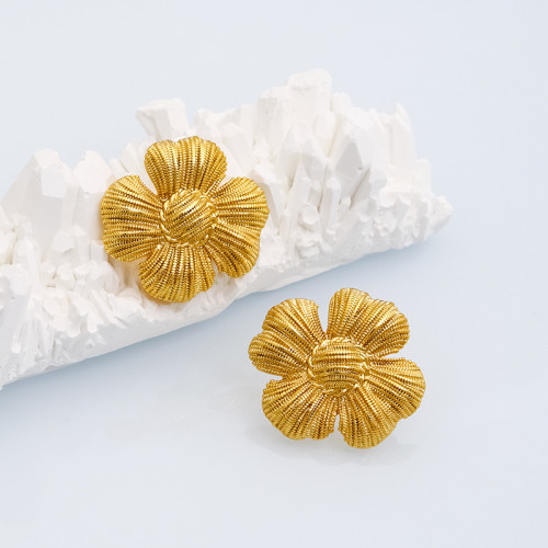 法式小衆耳飾冬天高級感復古黃銅花朵鍍金925銀針輕奢耳釘耳飾女