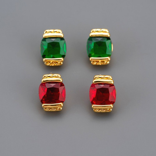 新款復古精緻小巧簡約方形紅綠寶石耳環黃銅鍍18Ks925耳釘耳飾女