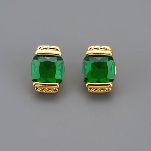 新款復古精緻小巧簡約方形紅綠寶石耳環黃銅鍍18Ks925耳釘耳飾女