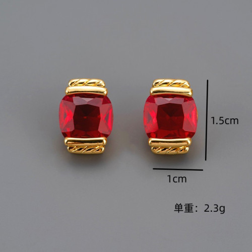 新款復古精緻小巧簡約方形紅綠寶石耳環黃銅鍍18Ks925耳釘耳飾女