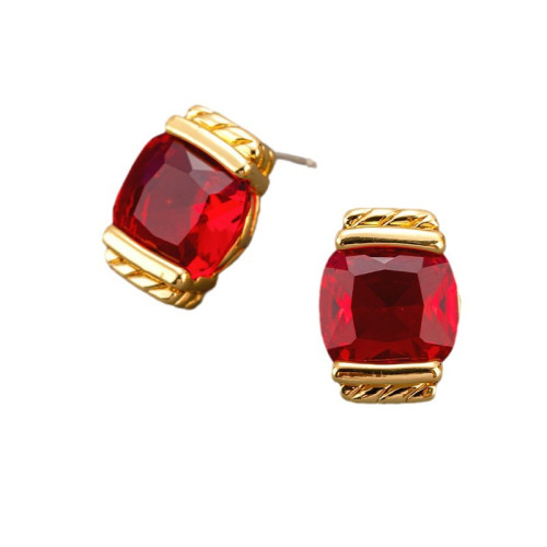 新款復古精緻小巧簡約方形紅綠寶石耳環黃銅鍍18Ks925耳釘耳飾女