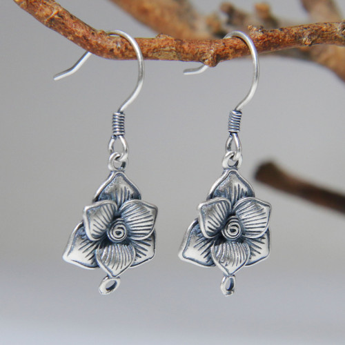 貝凱斯925銀雕刻花卉耳墜純銀時尚復古女式耳飾民族風做舊diy耳鉤