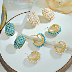 復古港風松石耳環吊墜法式輕奢優雅珍珠耳飾925銀針氣質網紅