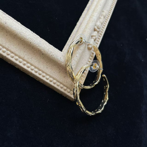 素金復古熔巖樹葉鏤空亮金925銀針  耳圈 個性歐美時尚潮流百搭