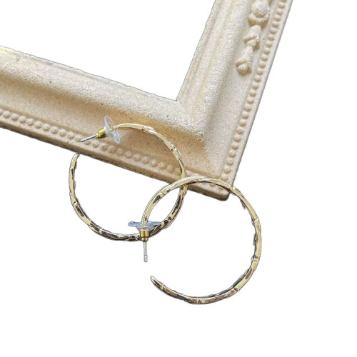 素金復古熔巖樹葉鏤空亮金925銀針  耳圈 個性歐美時尚潮流百搭