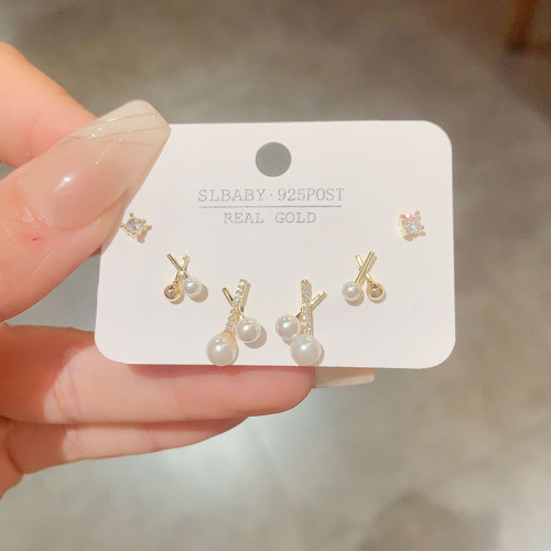 925銀針精緻時尚X珍珠組合套裝耳釘女小衆設計感網紅耳環百搭耳飾