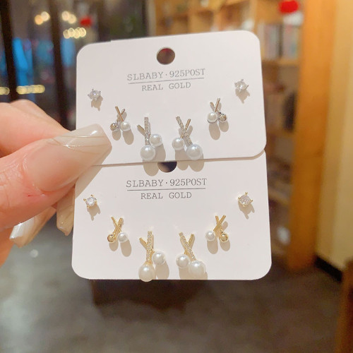 925銀針精緻時尚X珍珠組合套裝耳釘女小衆設計感網紅耳環百搭耳飾