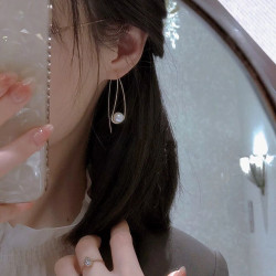 日劇新垣結衣同款 天然淡水珍珠 簡約長款U形線條925銀耳環