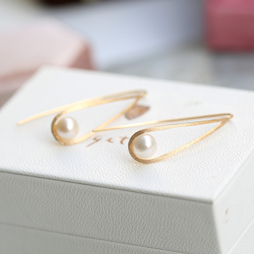 日劇新垣結衣同款 天然淡水珍珠 簡約長款U形線條925銀耳環