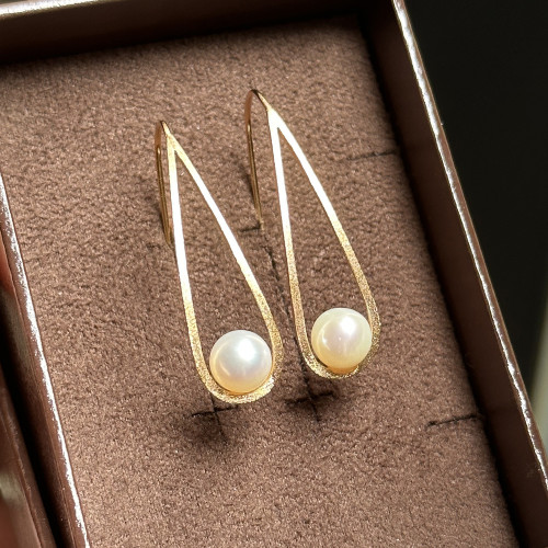 日劇新垣結衣同款 天然淡水珍珠 簡約長款U形線條925銀耳環