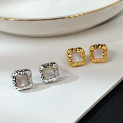 設計師原創新品925銀耳釘女復古方形白貝高級感瑪瑙歐美耳飾