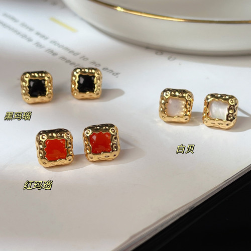 設計師原創新品925銀耳釘女復古方形白貝高級感瑪瑙歐美耳飾