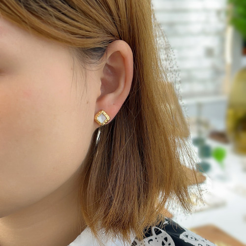 設計師原創新品925銀耳釘女復古方形白貝高級感瑪瑙歐美耳飾