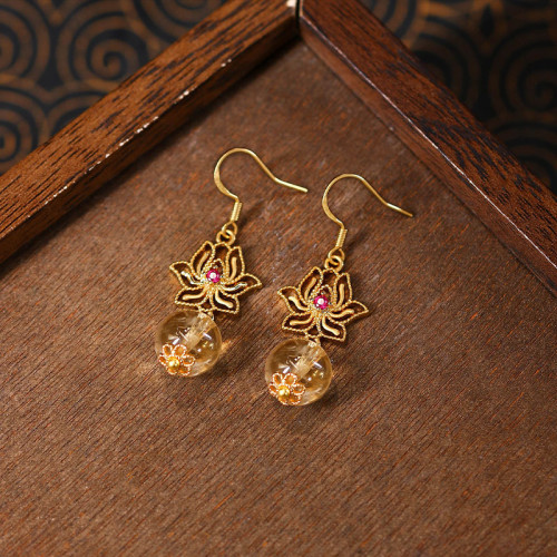 天然黃水晶耳墜國潮原創手作925銀針耳環中式風輕奢高級感耳飾品