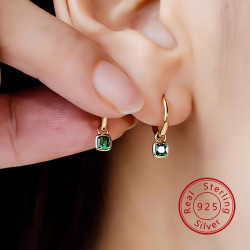 925銀鍍18k金復古幾何方形鑽耳釦耳環時尚綠鋯石小衆百搭法式高級