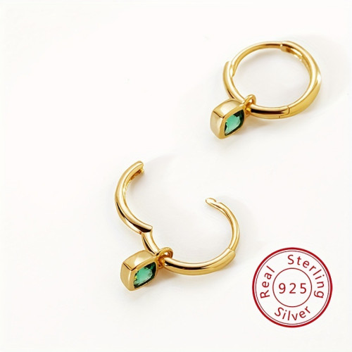 925銀鍍18k金復古幾何方形鑽耳釦耳環時尚綠鋯石小衆百搭法式高級