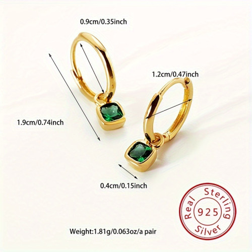 925銀鍍18k金復古幾何方形鑽耳釦耳環時尚綠鋯石小衆百搭法式高級