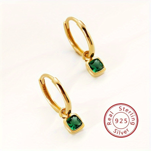 925銀鍍18k金復古幾何方形鑽耳釦耳環時尚綠鋯石小衆百搭法式高級