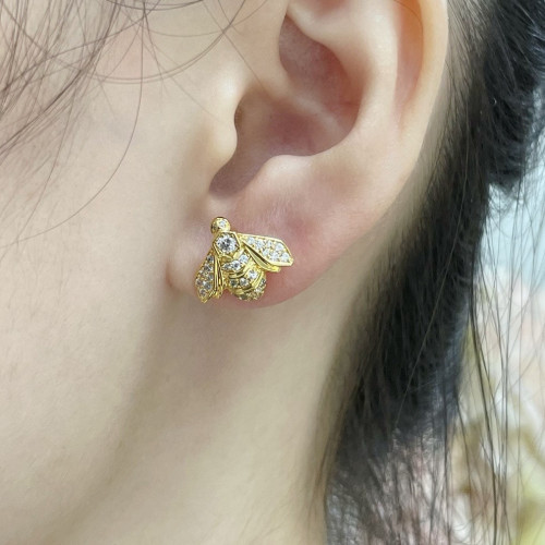 925純銀高版本尚美不對稱六邊形小蜜蜂耳釘鍍18K金AB款蜜蜂耳環