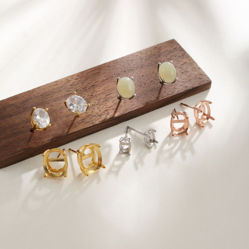 925銀日韓四爪橢圓形耳釘空托配件鑲嵌翡翠寶石鑽石18K金耳環配件