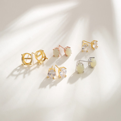 925銀日韓四爪橢圓形耳釘空托配件鑲嵌翡翠寶石鑽石18K金耳環配件