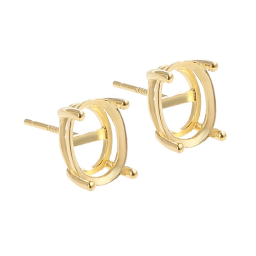 925銀日韓四爪橢圓形耳釘空托配件鑲嵌翡翠寶石鑽石18K金耳環配件