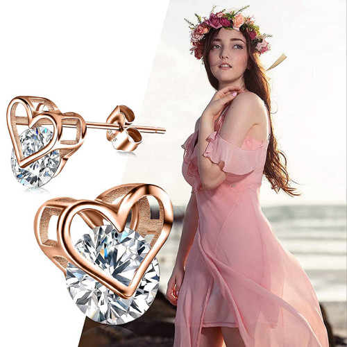 歐美wish  925銀心形耳釘心形夾鑽簡約耳飾飾品