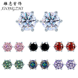 925純銀鍍金D色莫桑石經典六爪耳釘女養耳洞耳飾彩色仿真鑽石飾品