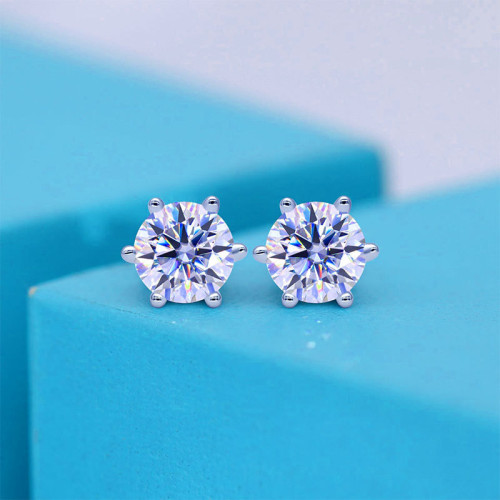 925純銀鍍金D色莫桑石經典六爪耳釘女養耳洞耳飾彩色仿真鑽石飾品