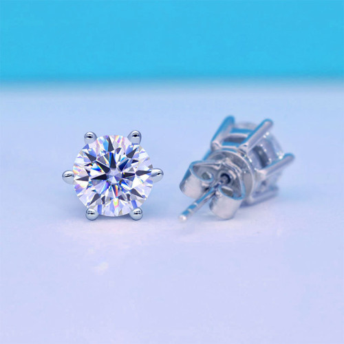 925純銀鍍金D色莫桑石經典六爪耳釘女養耳洞耳飾彩色仿真鑽石飾品