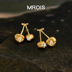 原創！破碎感櫻桃~噴砂質感厚鍍真金925銀針時尚高級感耳飾耳釘女