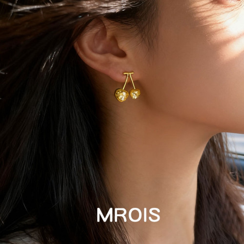 原創！破碎感櫻桃~噴砂質感厚鍍真金925銀針時尚高級感耳飾耳釘女