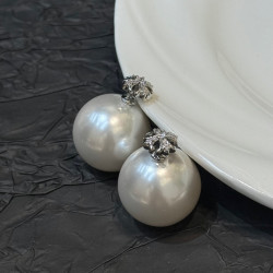 177個性款十字微鑲誇張大珠珠前後戴耳飾925銀針爆閃鋯石耳環